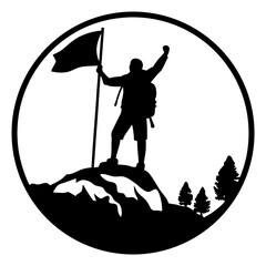 Triumphant Climber Reaching the Summit Peak with Flag Atop Mountain Landscape Silhouette