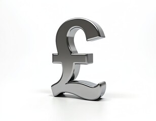 Glossy metal pound symbol on white. Currency sign, british money, financial symbol. Represents wealth, finance, business, economic value, trading. Metallic, shiny, isolated on white background.
