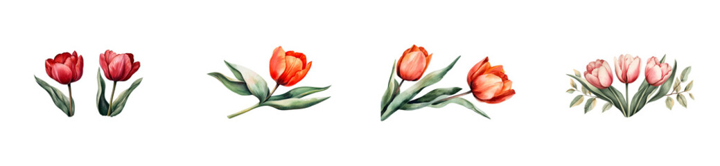 Fototapeta premium Watercolor tulips isolated on black background, vibrant blooms, cut out transparent