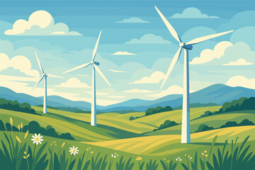 Renewable energy wind turbine farm in lush green hills with blue sky scenery