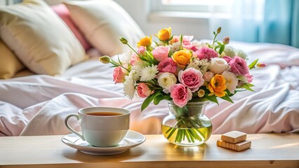 Hot coffee and a fresh croissant make a delightful breakfast on a white table with a pink rose bouquet in a vase