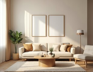 Fototapeta premium Modern living room interior mockup with blank frames for art photos. Sofa pillows coffee table rug lamp home decor elements. Minimalist design, cozy light atmosphere with shadows from window. Empty