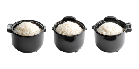 Pack Rice Cooker Set of Three in Different Poses Against Transparent Background for Kitchen Appliances, Cooking Promotion, or Product Branding
