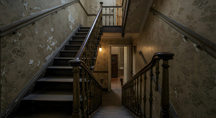 Fototapeta premium Grand Victorian Staircase With Faded Wallpaper And Dim Lighting Effect