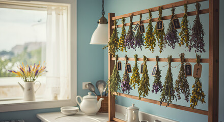 Artistic Still Life Of Dried Herbs Hanging In Rustic Villa Kitchen