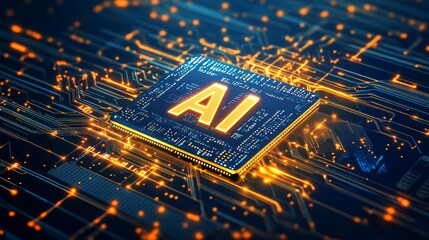 A close-up of an AI chip with the letters  AI surrounded by circuit board