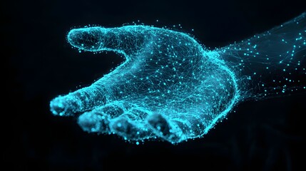 Glowing blue hand made of particles against a dark background.