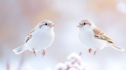 Obraz premium Two small birds facing each other on a snowy branch, delicate winter scene with soft pastel background, and peaceful and serene composition.