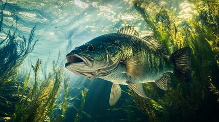 Fototapeta premium Freshwater Fish Underwater in Lush Aquatic Environment, Nature's Aquarium