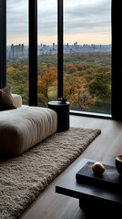 Cozy living room interior with panoramic autumn city view