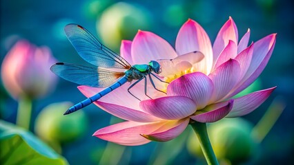Green dragonfly insect on a flower closeup