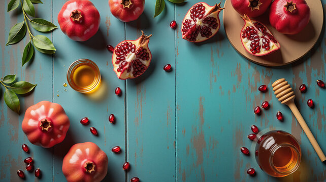 Rosh Hashanah Symbolic Foods - Pomegranate and Honey on Turquoise Background for Tashlich Ceremony, Jewish Holiday Celebrations, and Rosh Hashanah Traditions