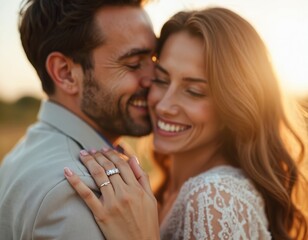 Happy couple embrace showing diamond engagement ring, laughing in field. Smiling man, woman hug, celebrating love, wedding. Soft sun shines on background, creating romantic mood.