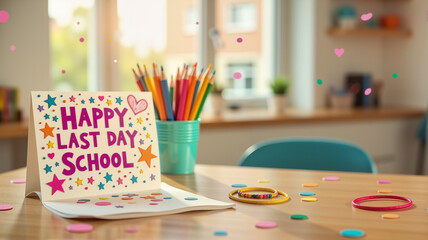 Last Day of School Celebration Setup - Colorful Classroom Desktop with Handmade Sign, Confetti and Stationery for End of Year Parties, Academic Achievement Recognition, and Educational Content