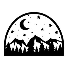 Majestic Night Scene with Crescent Moon Stars Mountains and Forest