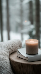  Lit candle and book on wooden table by snowy window view
