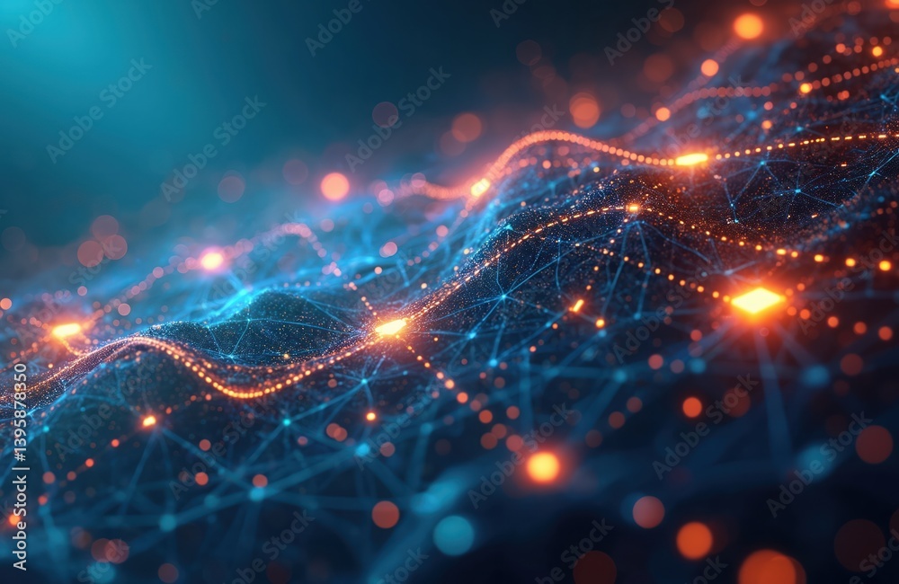 Aufkleber Abstract visualization of network data flow. Digital tech background with connecting lines, glowing dots. Modern tech, cyberspace concept, big data analysis, AI, machine learning, internet