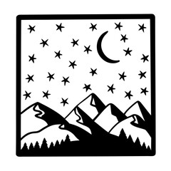 Majestic Mountain Range Under a Starry Night Sky with Crescent Moon