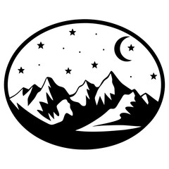 Majestic Mountains Under a Night Sky with Crescent Moon and Stars Scenic Landscape Illustration © Tanjila