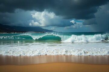 Turquoise Wave on Golden Beach - Dramatic Ocean Storm with Dark Clouds for Weather Photography, Coastal Landscapes, and Rainy Season Travel Content