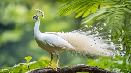 Majestic White Peacock in Lush Greenery