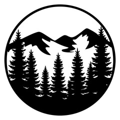 Majestic Mountain Landscape with Silhouetted Pine Trees in a Circular Frame