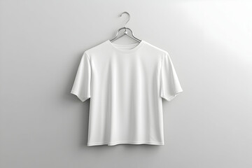 Plain white t-shirt hanging on a sleek, modern wall with soft lighting, ideal for fashion displays
