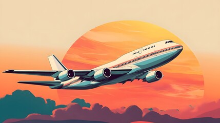 Fototapeta premium soaring flight: A modern aircraft gracefully ascends towards the sun, an image symbolizing travel, adventure, and the allure of new horizons.