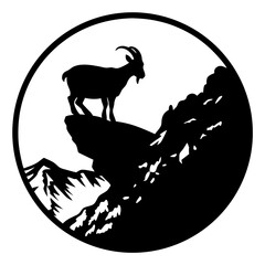 Majestic Mountain Goat Silhouette on a Clifftop in a Circular Design