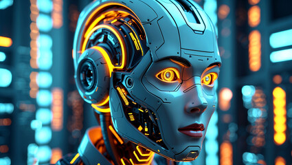 Fototapeta premium Futuristic robotic head surrounded by glowing technology