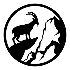 Majestic Mountain Goat Silhouette in Circular Frame A Stunning Black and White Illustration of a Wild Ibex Perched on a Rocky Cliff
