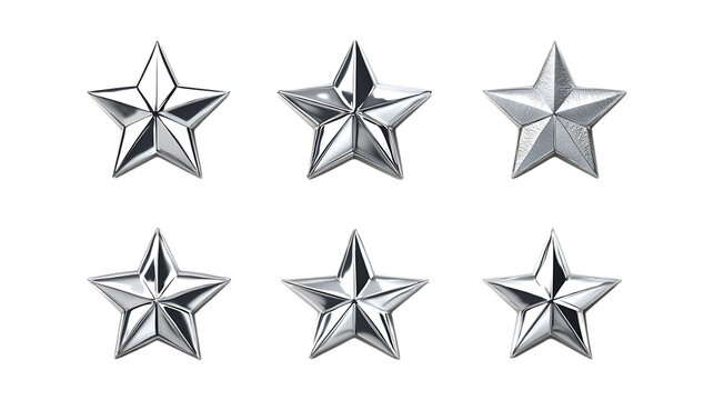 Pack Silver Star Set in Different Poses Against Transparent Background for Awards, Decoration, or Emblem Design