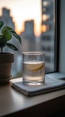 Glass of lemon water by window at city sunset