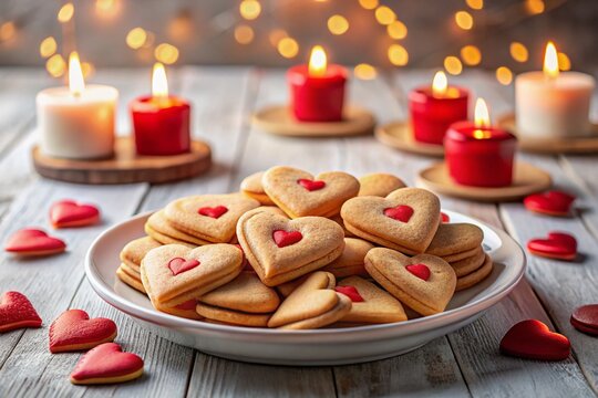 Heart Shaped Cookies & Candles: Romantic Valentine's Day Dessert Closeup