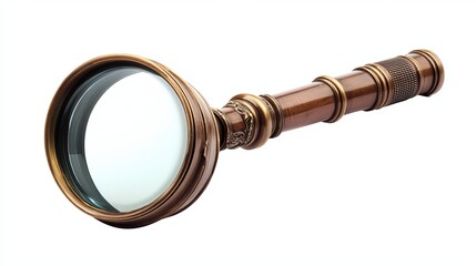 Classic vintage-style magnifying glass lens, isolated on a white background. High-resolution image