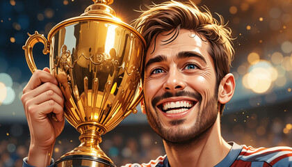 Cheerful young man holding a golden trophy joyfully in an exciting sports atmosphere
