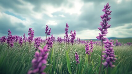 Obraz premium Purple Flower Field Blooming Under Cloudy Sky Inspiring Nature Photography