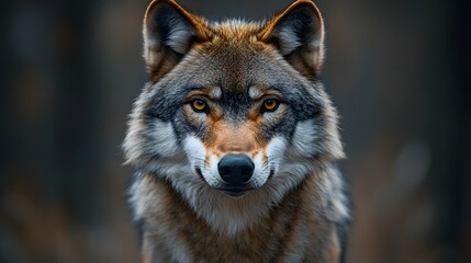 Majestic Wolf's Gaze: A striking portrait of a wolf, showcasing its piercing eyes, intense focus, and untamed spirit, set against a blurred, natural backdrop. 