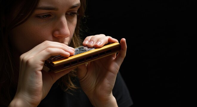 Woman playing a harmonica with a black background in a close up shot - Powered by Adobe