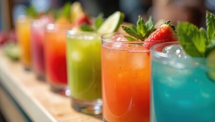 Row colorful mocktails with fresh seasonal ingredients. Variety of drinks juice, cocktail, lemonade, soda. Decorated with mint, strawberry, lime slices. Healthy summer beverages, bar counter. Focus