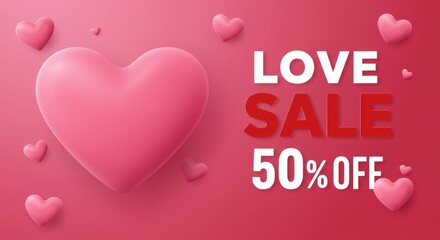 Love sale promotion with large pink heart and 50% discount on red background