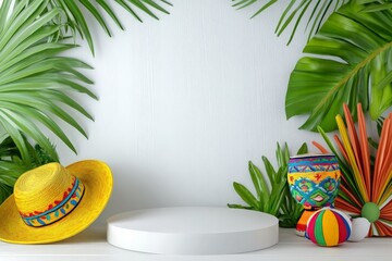 Tropical setup with colorful sombrero and drum evokes summer fun, tropical decorations pop with festive colors, tropical textures highlight vacation vibes, tropical inspiration sells seasonal mood.