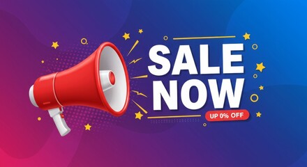 Exciting sale announcement with red megaphone and 0% off offer on colorful background