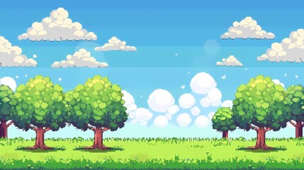 Paysage pixel art ensoleillé, rangée d'arbres verts sur prairie, ciel bleu clair avec nuages blancs, design rétro pour jeu vidéo ou arrière-plan simple et naturel
