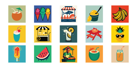 Fototapeta premium Summer Treats & Drinks Vector Set – Ice Cream, Cocktails & More on a White Background