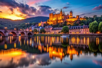 Naklejka premium Heidelberg Castle Silhouette Reflected in Water at Sunset - Germany