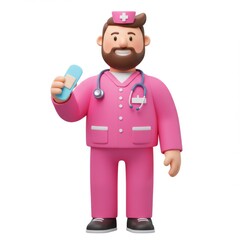 Fototapeta premium Cartoon male doctor figure smiling with stethoscope and bandage in pink uniform