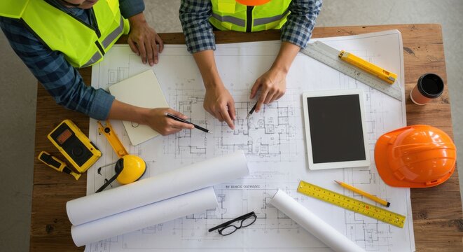 Construction workers reviewing blueprints and plans at a table with safety gear and digital tablet present