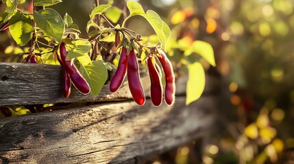 Red Kidney Beans Growing on Vine Over Rustic Wooden Fence Outdoors