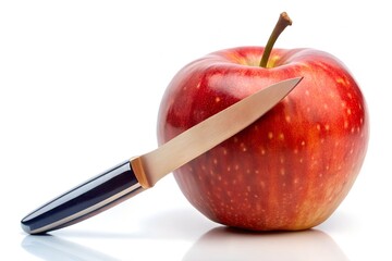 red apple with knife on white background